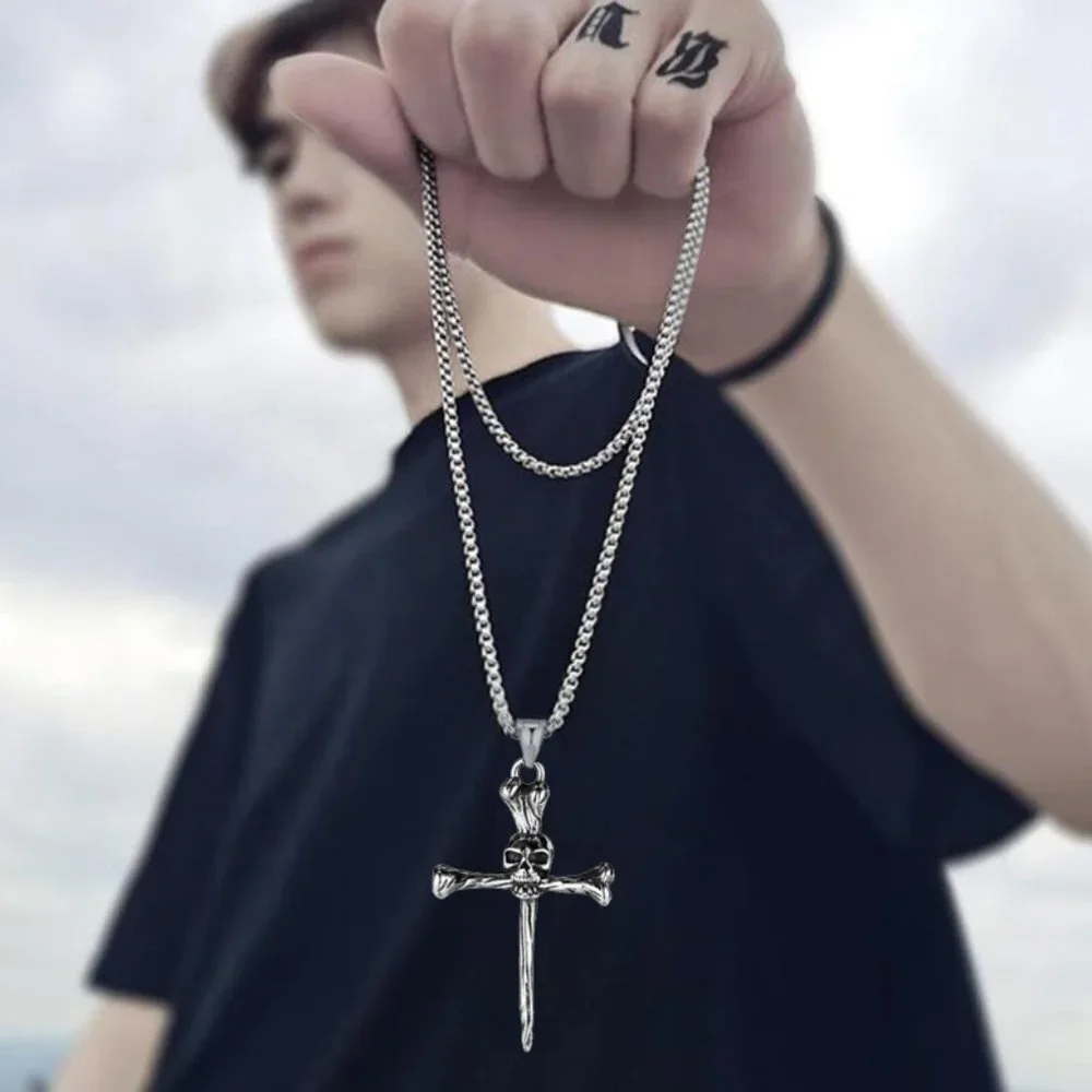 ❤️Style retro cast skull cross Halloween pendant necklace for men,N90201P…